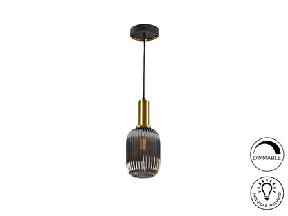 Lámpara colgante Norma 1L Gris Smoke Schuller, diseño moderno industrial, cristal gris smoke, latón satinado, regulable en altura.