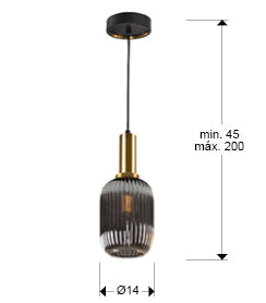 Medidas de Lámpara colgante Norma 1L Gris Smoke Schuller, diseño moderno industrial con cristal gris smoke y latón satinado, regulable en altura.