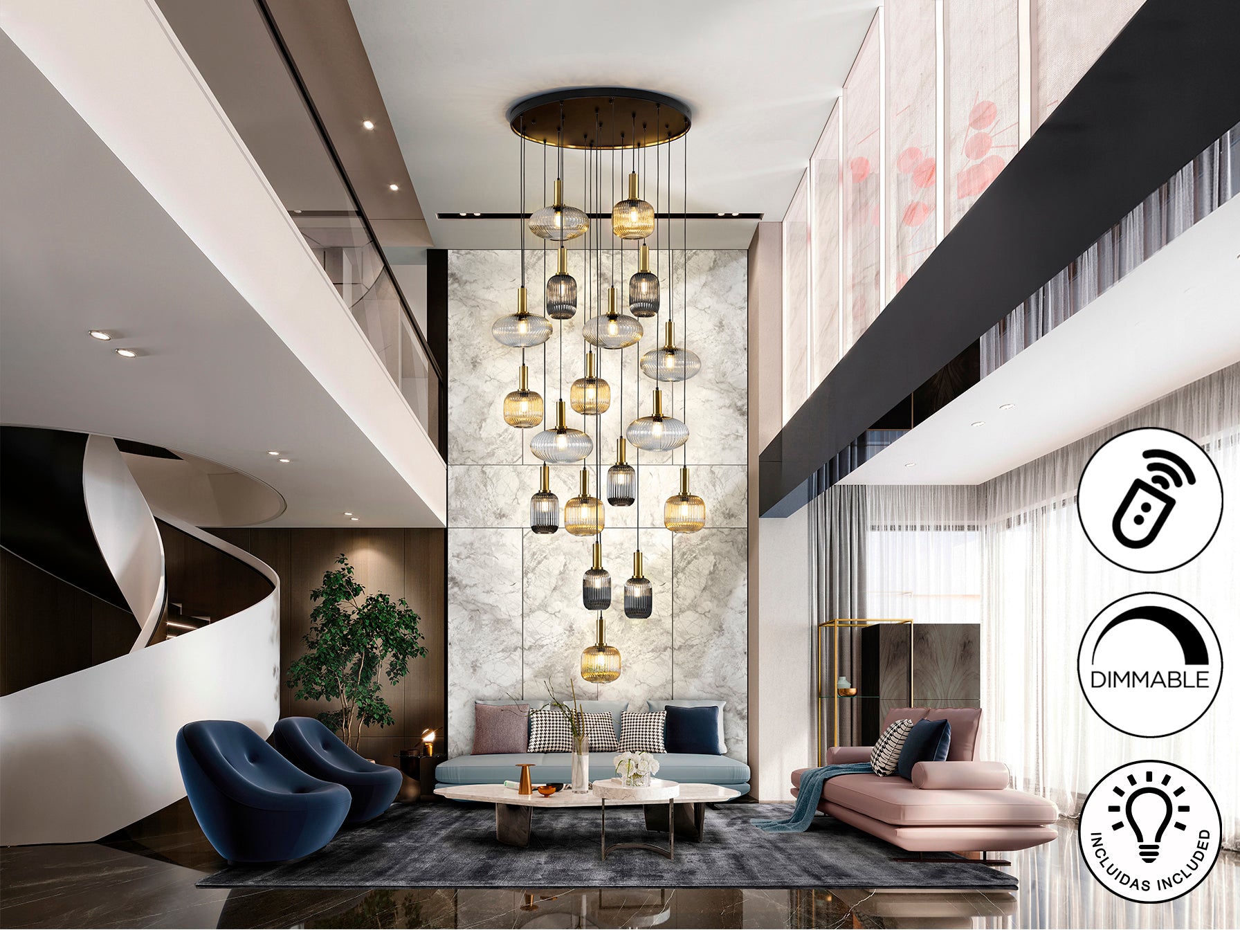 Lámpara de Techo Norma en Negro con Acabados en Latón y Cristal, Dimmable y Moderna de Schuller para Salón.