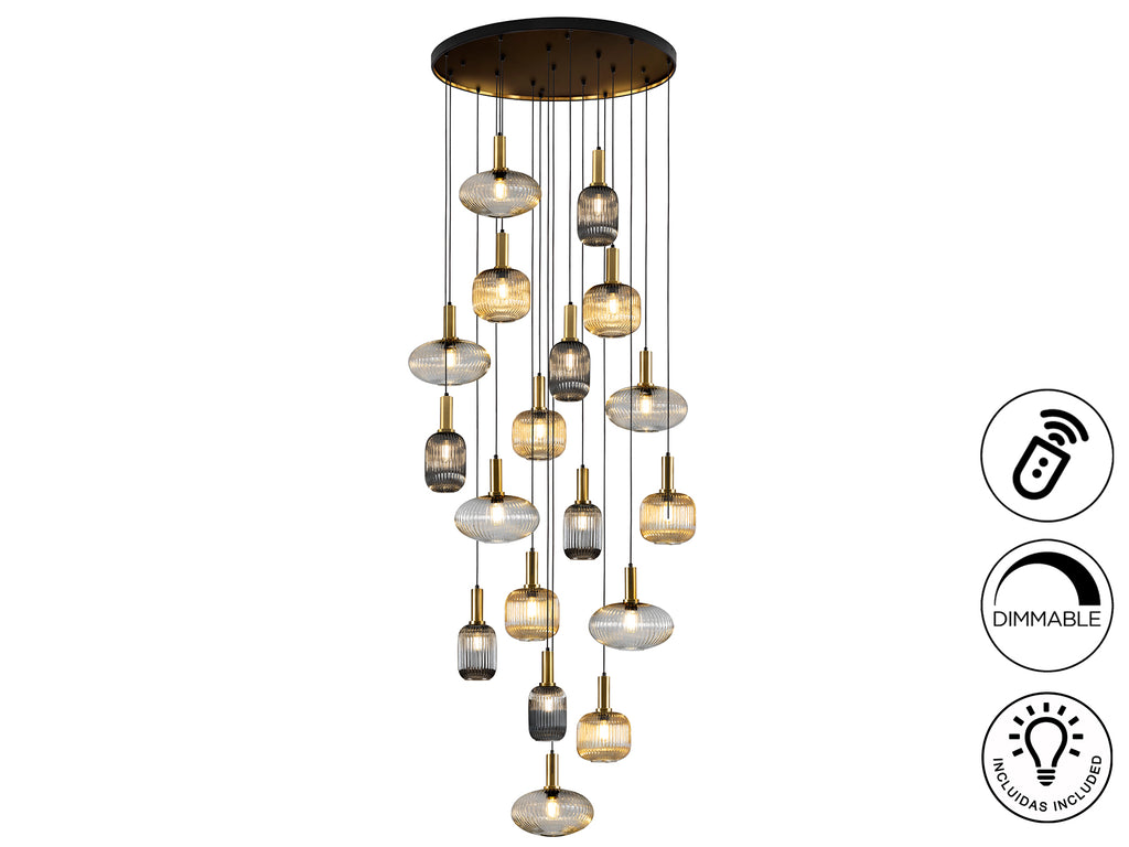 Lámpara de techo Norma Schuller en negro con latón y cristal, diseño moderno y lujoso, regulable para salón. Modelo 225892D.