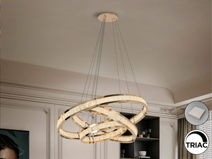 Lámpara de techo Lorian 3 aros dorado con brillo LED regulable, diseño moderno para comedor y salón, de Schuller.