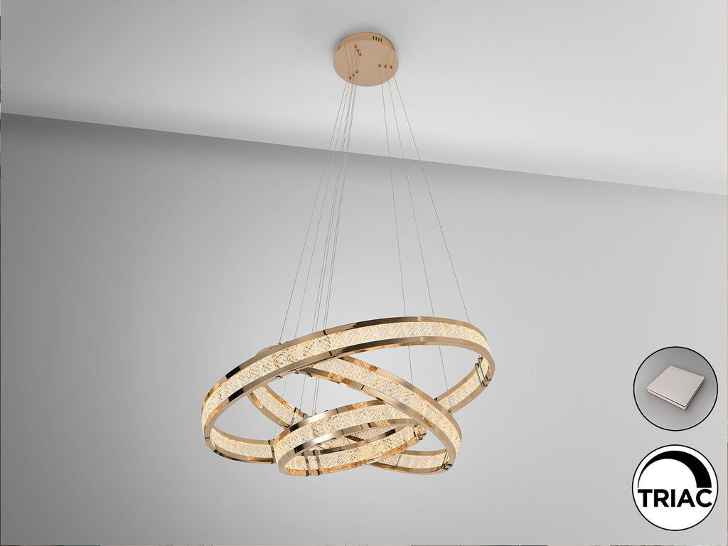 Lámpara de Techo Lorian 3 Aros Dorado Brillo LED Regulable, diseño Moderno con Cristal, ideal para Comedor y Salón, de Schuller.