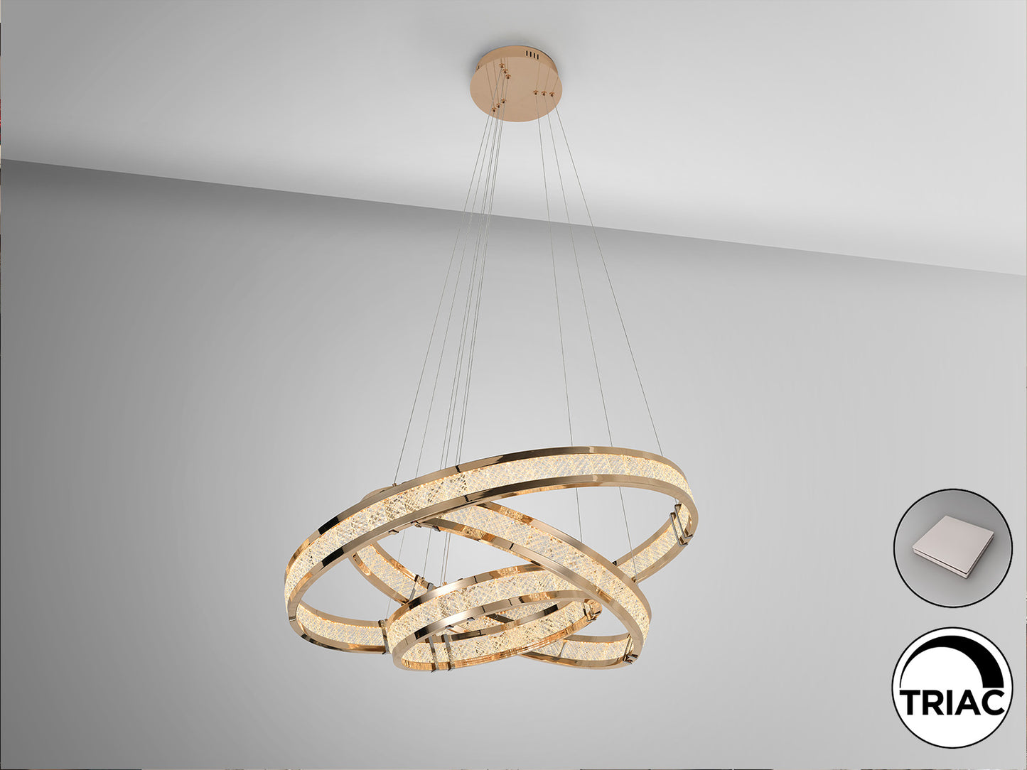 Lámpara de Techo Lorian 3 Aros Dorado Brillo LED Regulable, diseño Moderno con Cristal, ideal para Comedor y Salón, de Schuller.