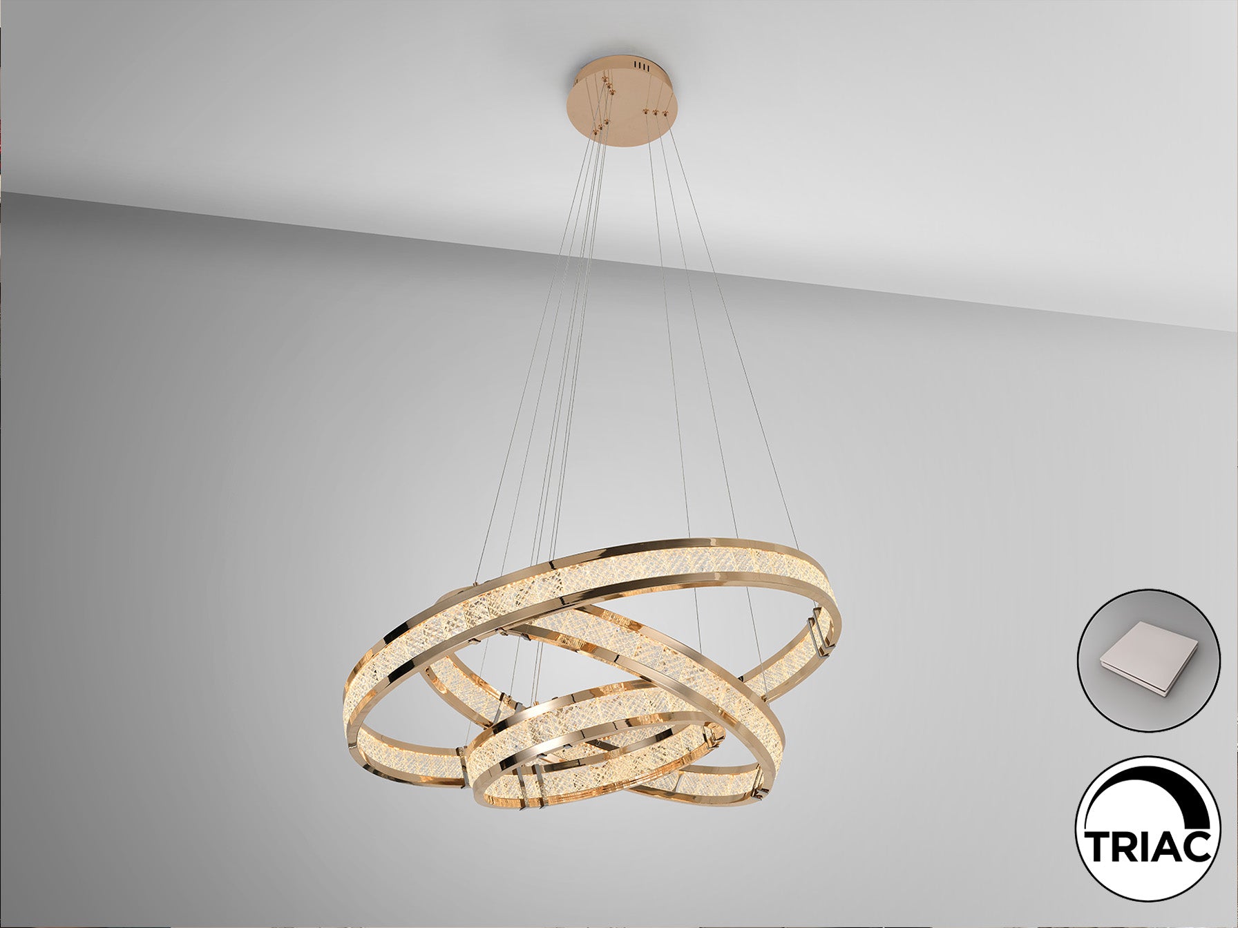 Lámpara de Techo Lorian 3 Aros Dorado Brillo LED Regulable, diseño Moderno con Cristal, ideal para Comedor y Salón, de Schuller.