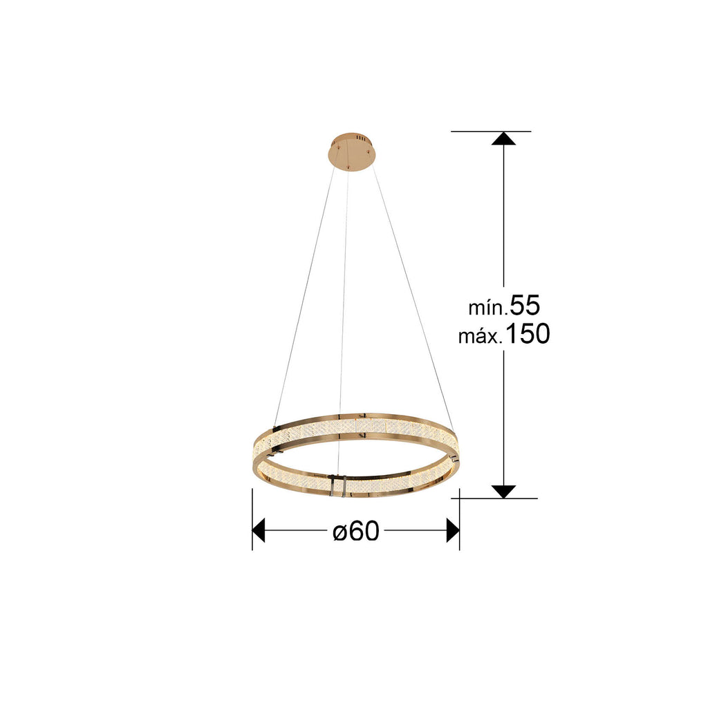 Medidas de Lámpara de techo Lorian con 1 aro dorado, brillo LED integrado y regulable, ideal para comedor o salón moderno de Schuller.