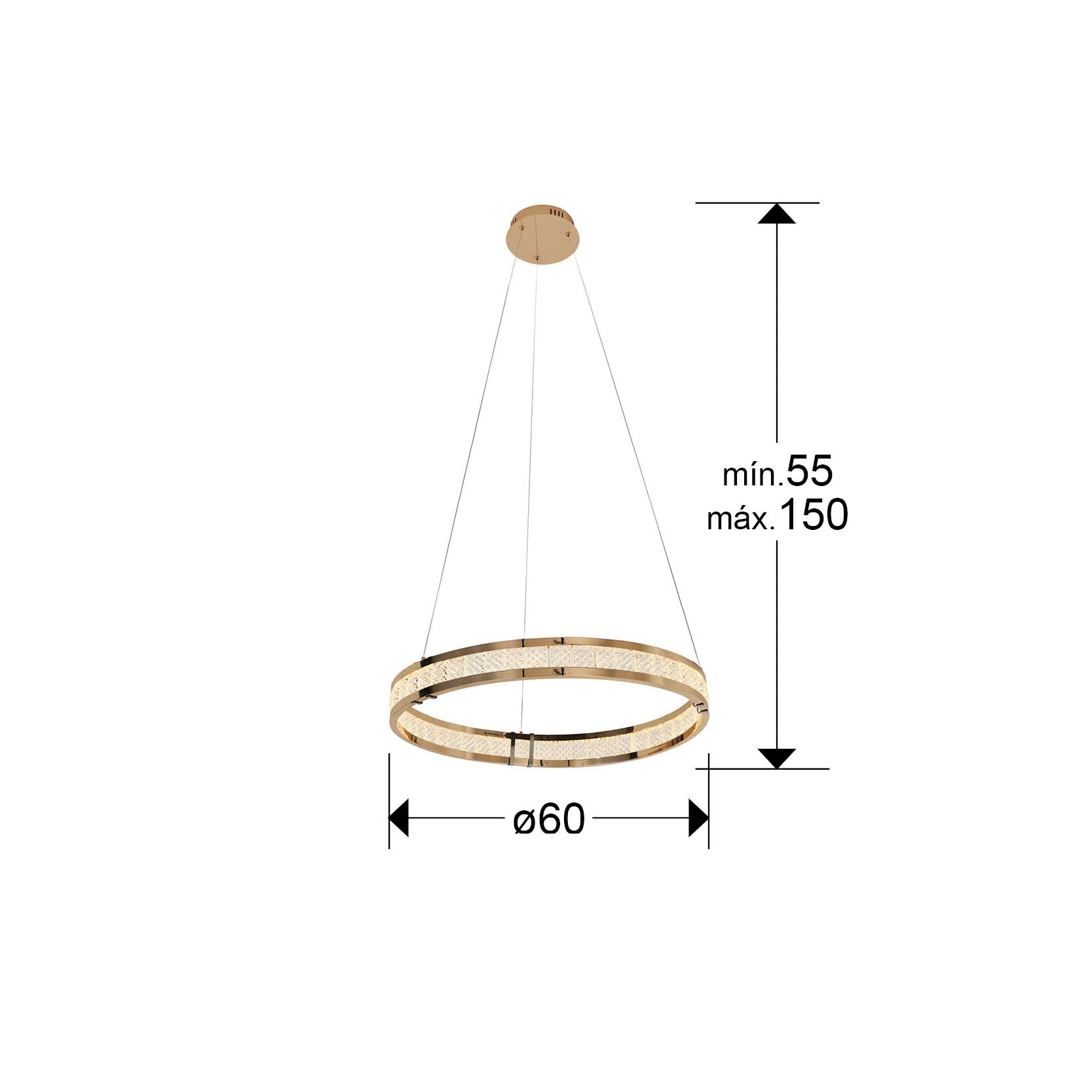 Medidas de Lámpara de techo Lorian con 1 aro dorado, brillo LED integrado y regulable, ideal para comedor o salón moderno de Schuller.