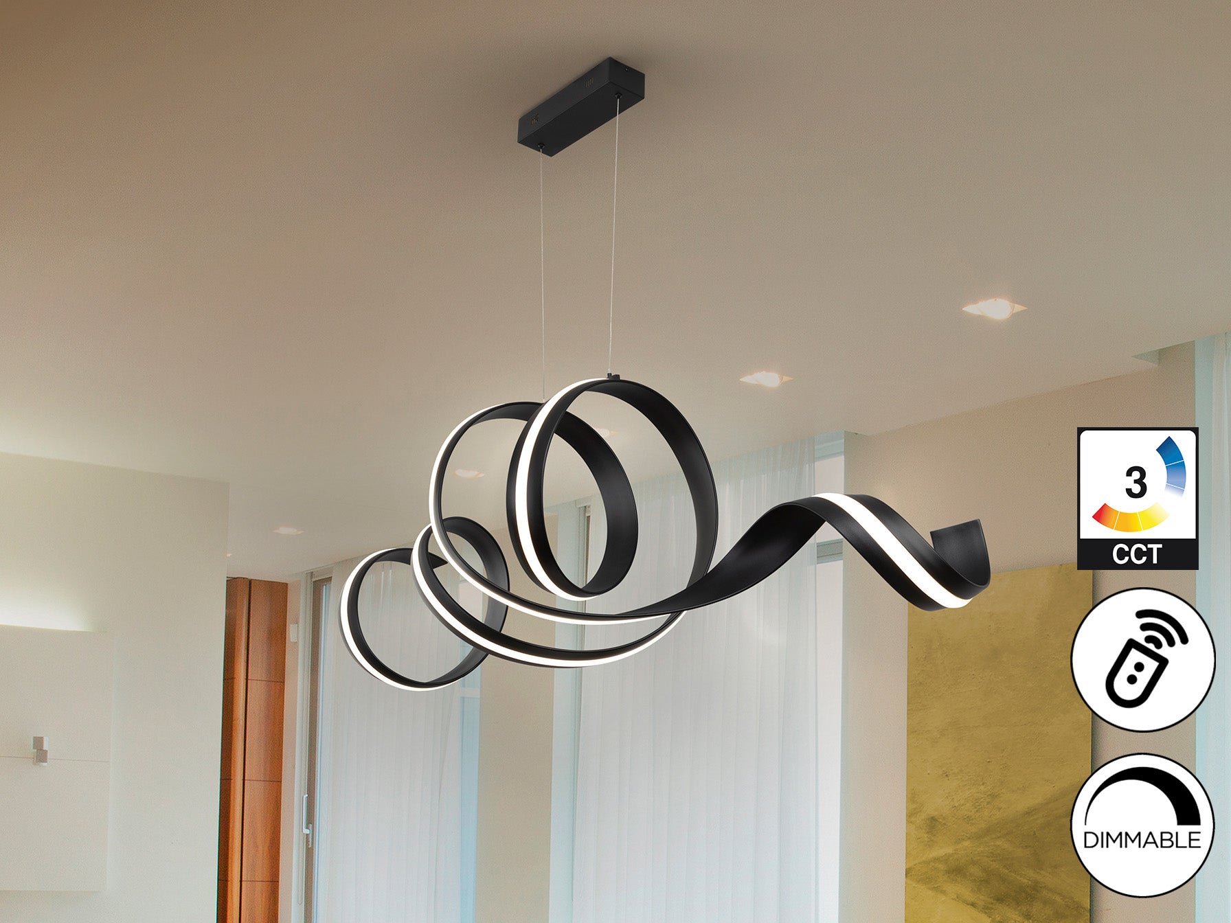 Lámpara de techo AMARA negro mate Schuller, diseño moderno LED dimmable regulable altura para comedor o salón.