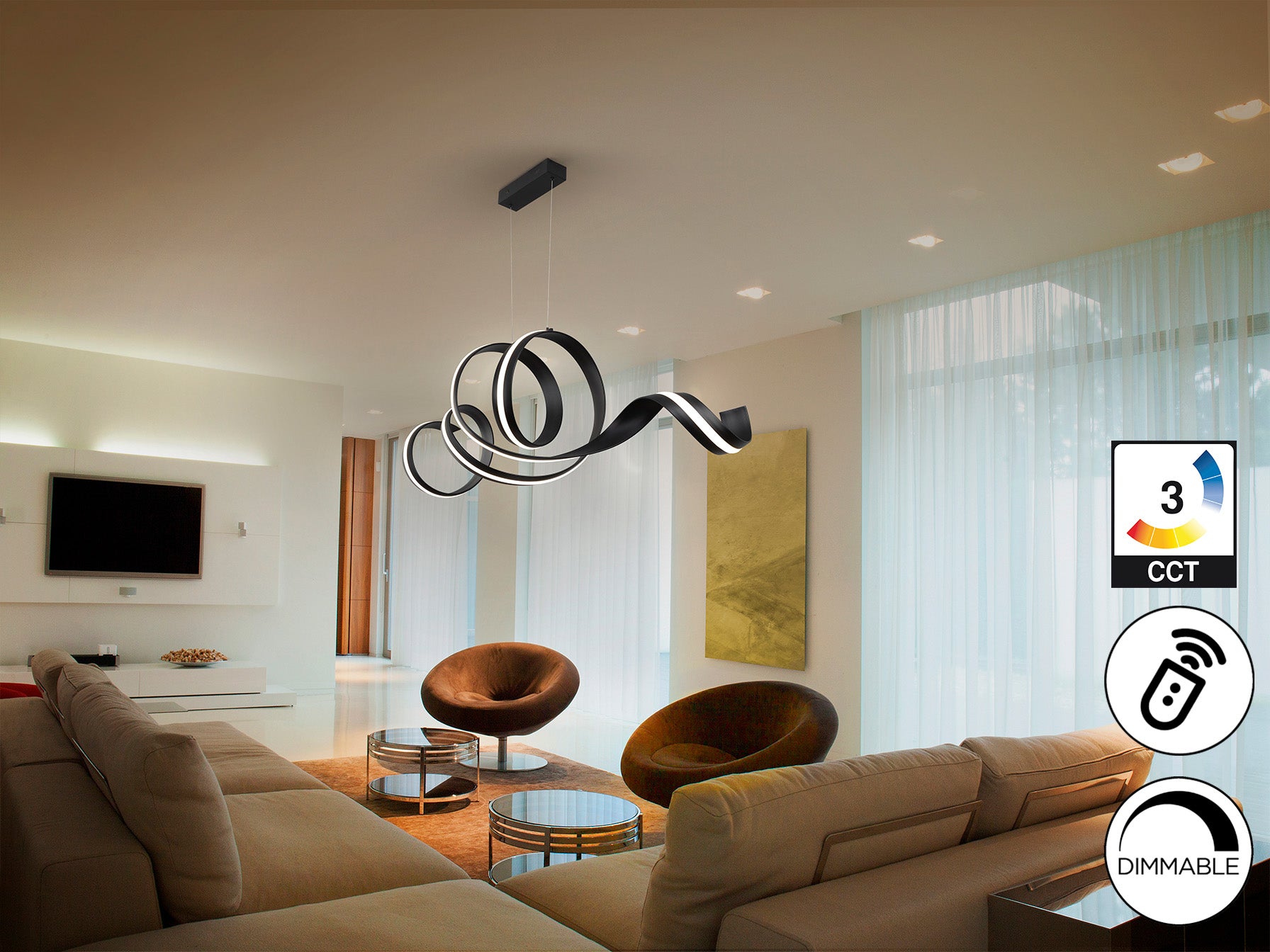 Lámpara de techo AMARA negro mate Schuller, diseño moderno LED dimmable regulable altura para comedor y salón.