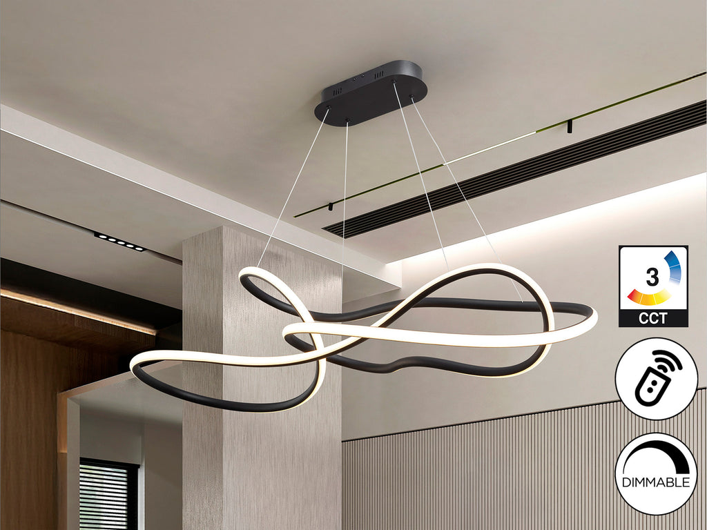 Lámpara de techo Evania grande en negro mate de Schuller, con LED integrado, dimmable y regulable en altura para comedor o salón.