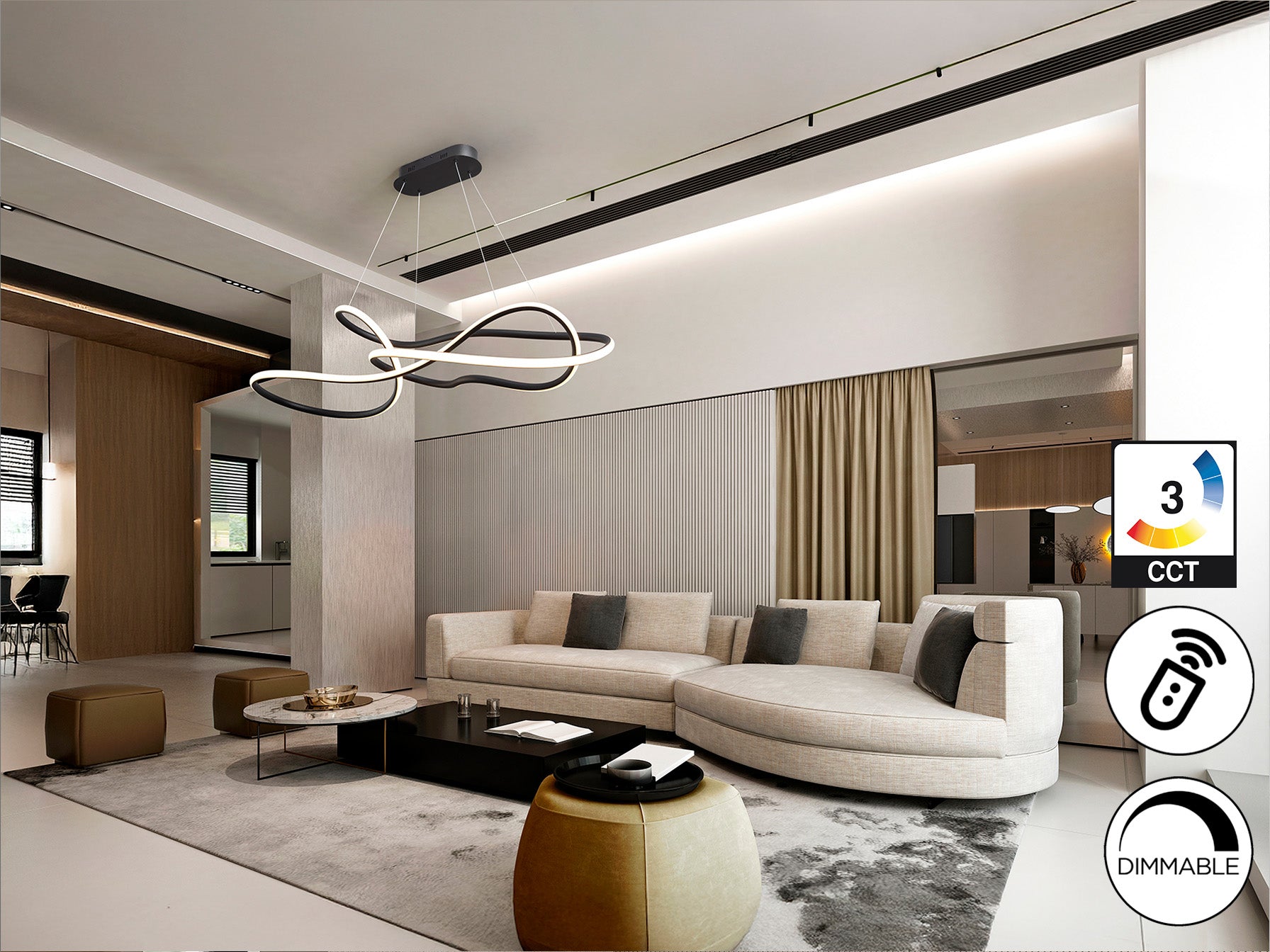 Lámpara de techo Evania grande negro mate Schuller con LED integrado, regulable en altura y dimmable, ideal para comedor o salón moderno.