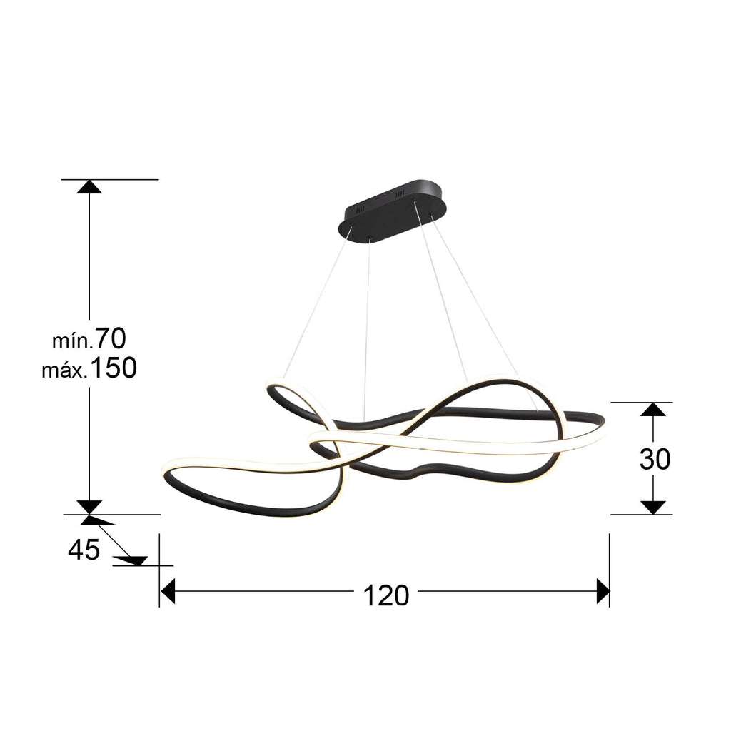 Medidas de Lámpara de Techo Evania Gran en Negro Mate de Schuller con LED Integrado, Dimmable y regulable en altura, ideal para Comedor o Salón. Modelo 227643.