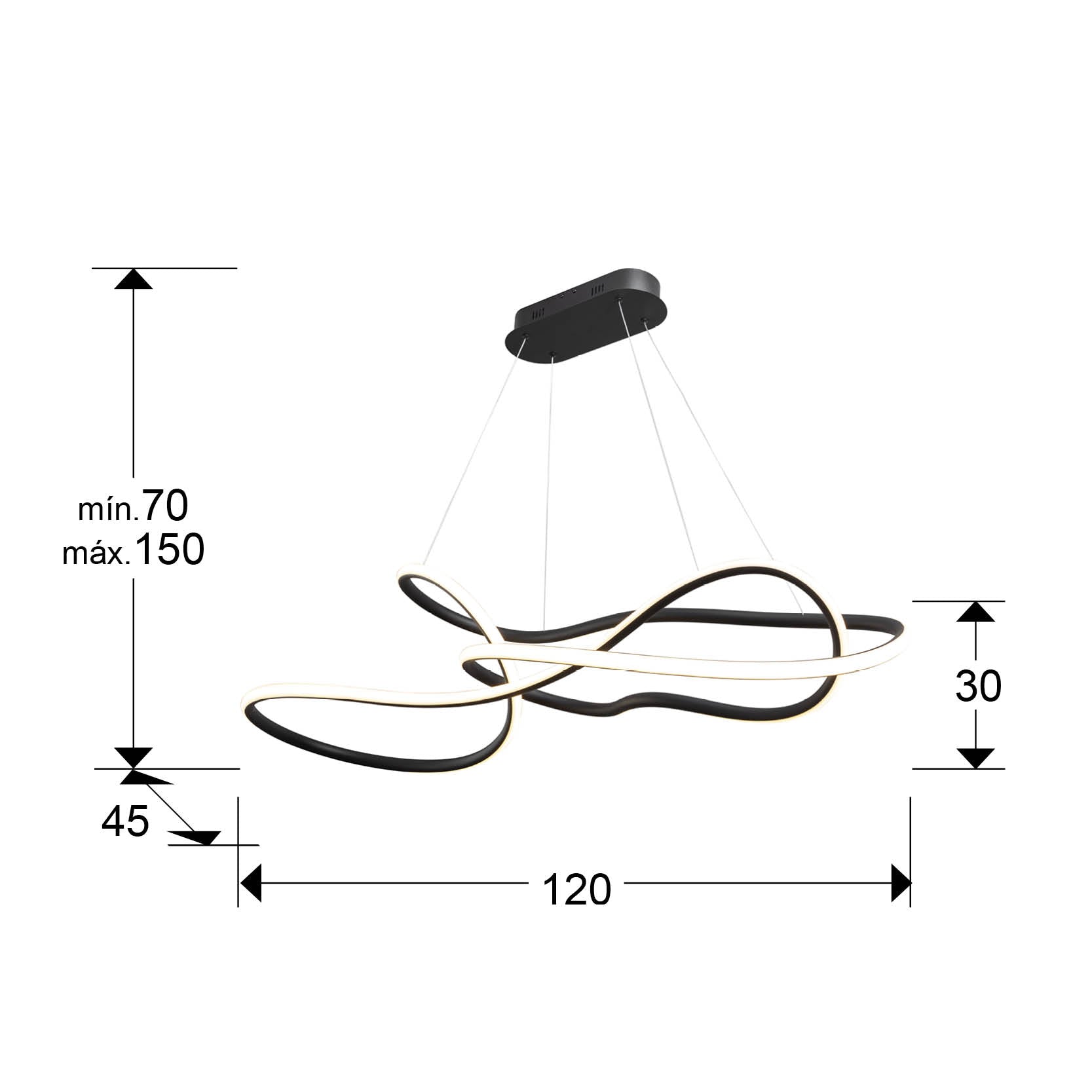 Medidas de Lámpara de Techo Evania Gran en Negro Mate de Schuller con LED Integrado, Dimmable y regulable en altura, ideal para Comedor o Salón. Modelo 227643.