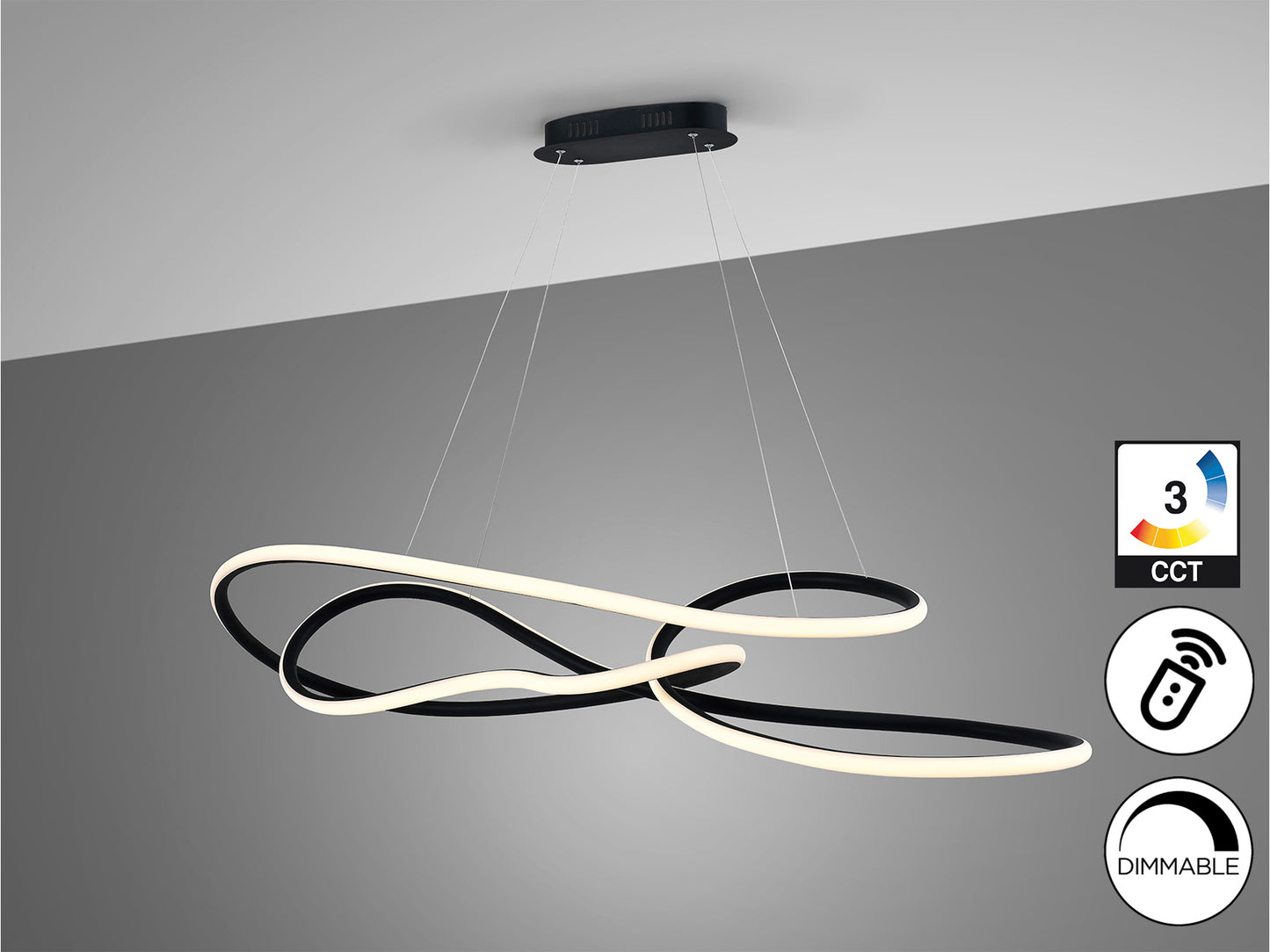 Lámpara de techo Evania grande en negro mate de Schuller, con LED integrado, dimmable y regulable en altura, ideal para comedor o salón moderno.
