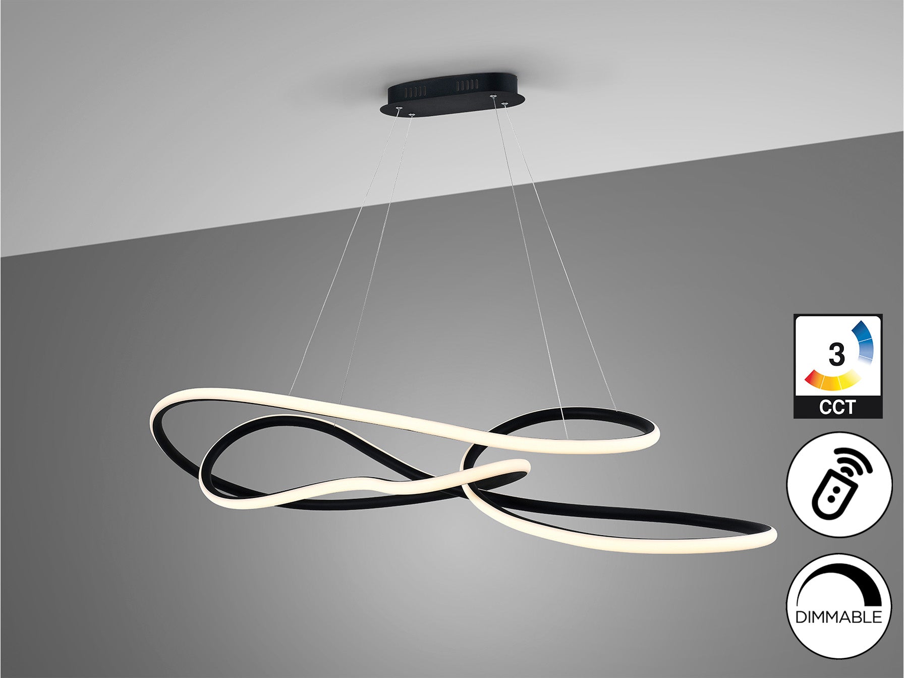 Lámpara de techo Evania grande en negro mate de Schuller, con LED integrado, dimmable y regulable en altura, ideal para comedor o salón moderno.