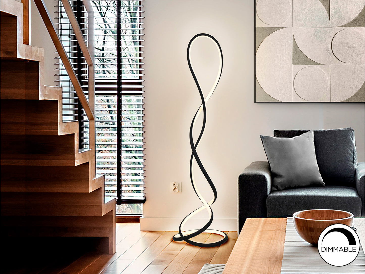 Lámpara de pie Evania negro mate Schuller, modelo 227766, LED integrado, dimmable, diseño minimalista moderno para salón.