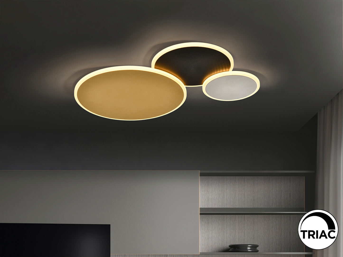 Plafón de techo Umbra Schuller en oro, negro y blanco, iluminación LED dimmable moderna para comedor, dormitorio y salón.