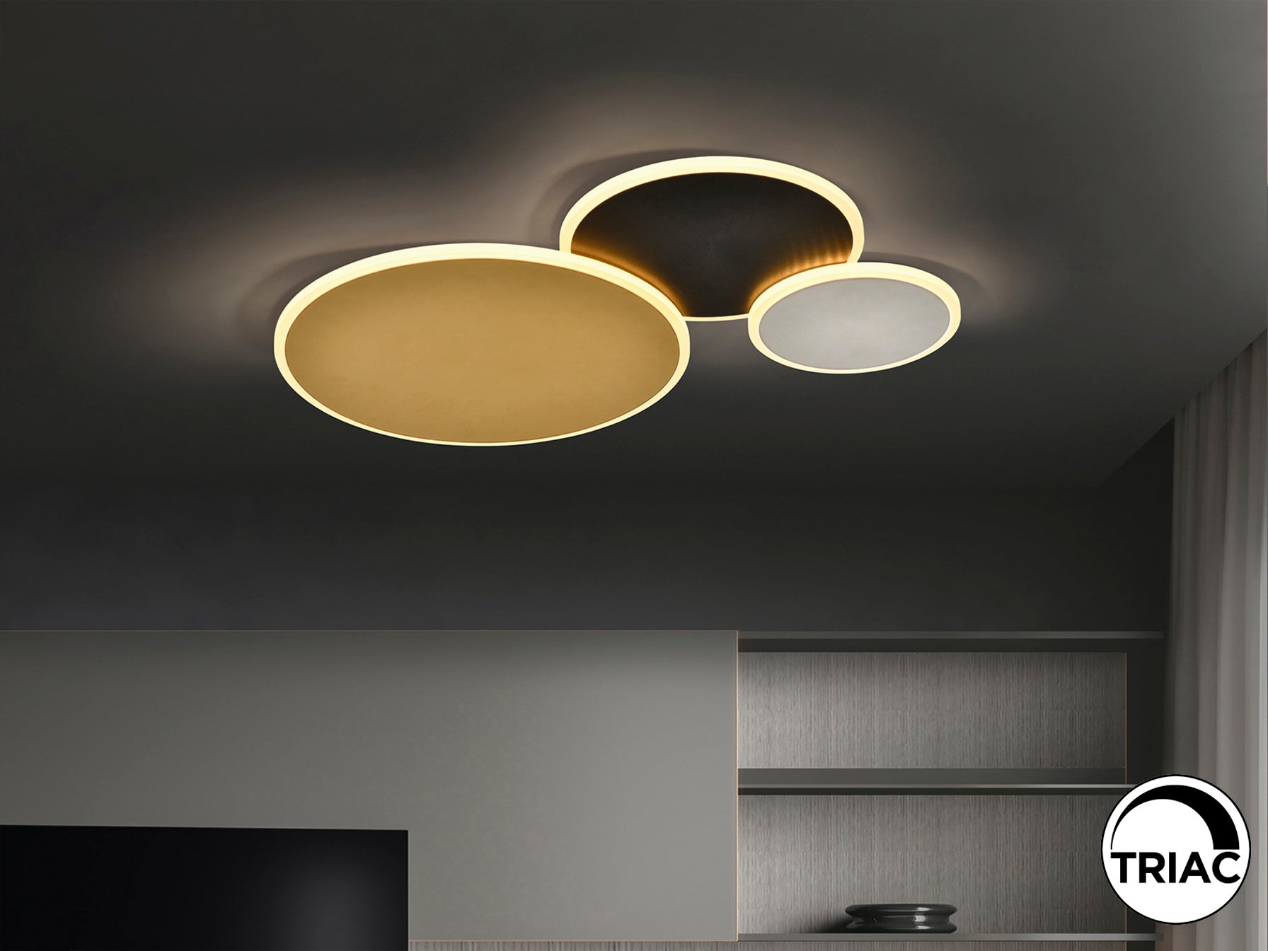 Plafón de techo Umbra Schuller en oro, negro y blanco, iluminación LED dimmable moderna para comedor, dormitorio y salón.