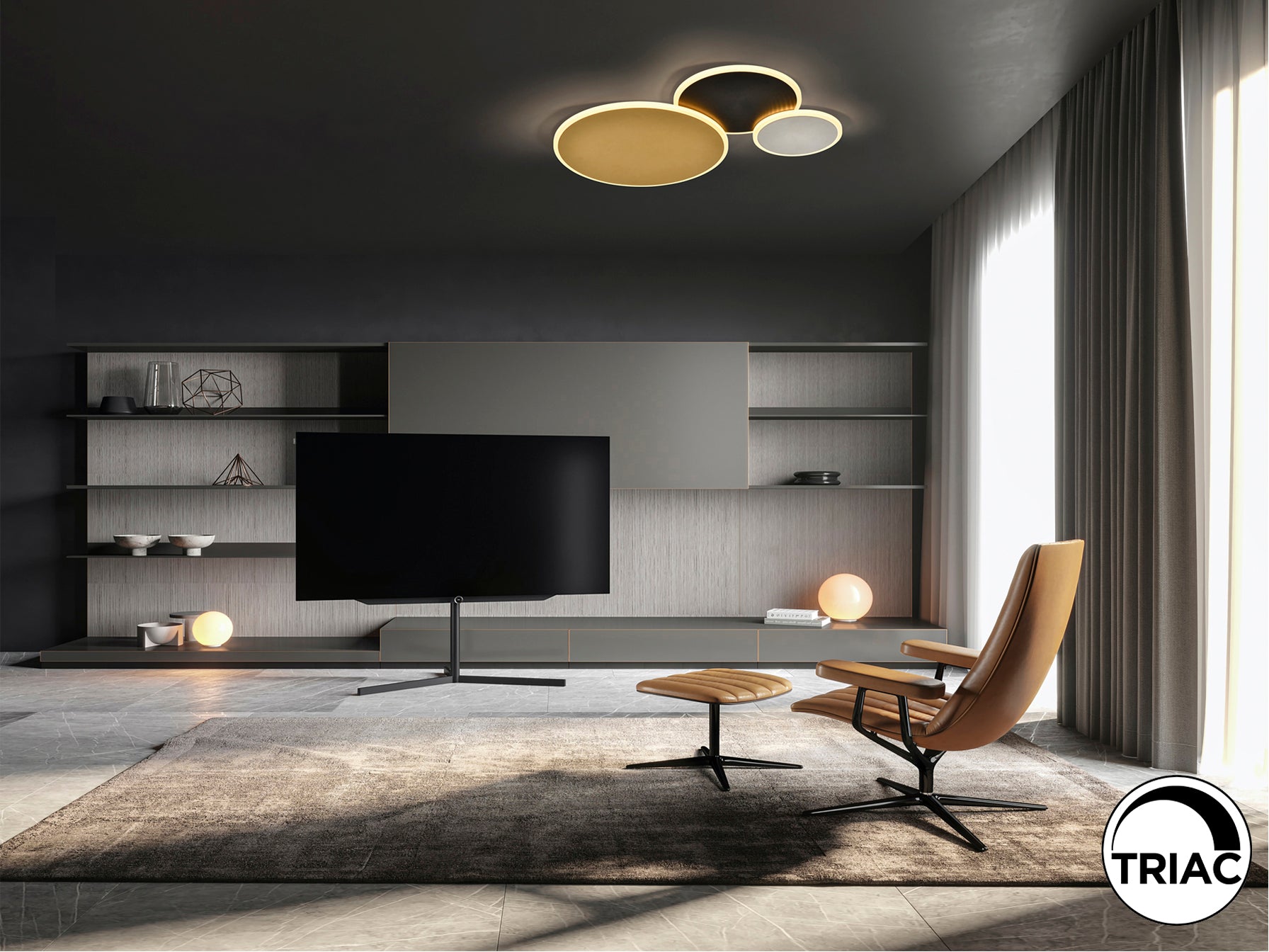 Plafón de techo Umbra Schuller en oro, negro y blanco, con iluminación LED y diseño moderno.