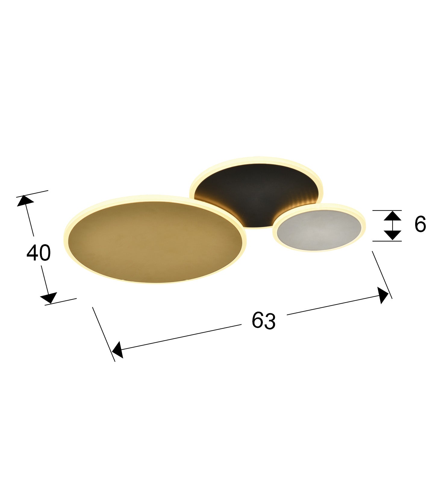 Medidas de Plafón de techo Umbra Schuller en oro, negro y blanco, con iluminación LED dimmable y diseño moderno para comedor, dormitorio y salón.