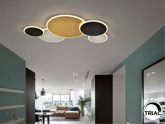 Plafón de Techo Umbra Gran Schuller en oro, negro y blanco, diseño moderno con LED dimmable, ideal para comedor, dormitorio o salón.