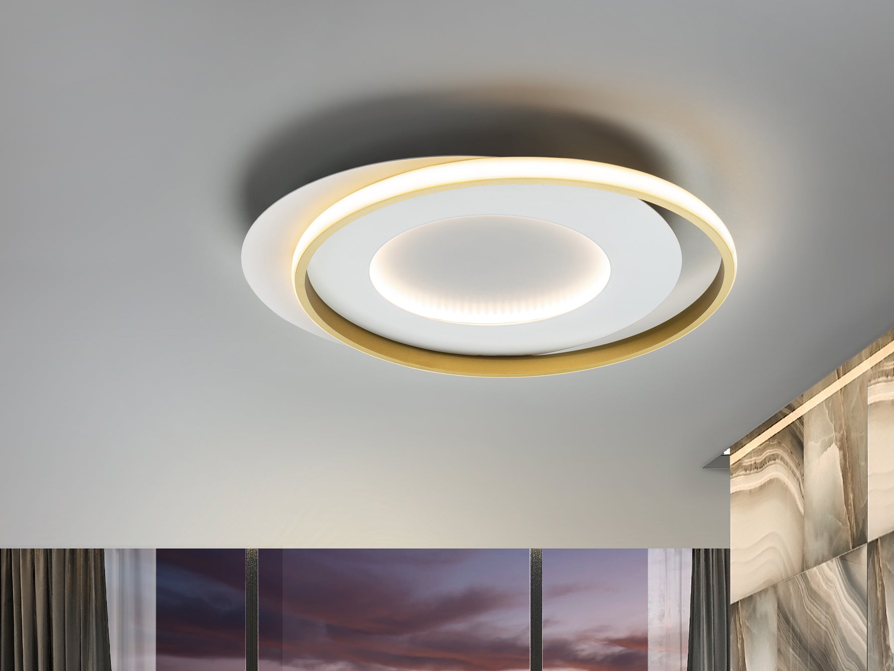 Plafón de Techo LED Limbos en Blanco y Oro de Schuller, diseño moderno para salón.