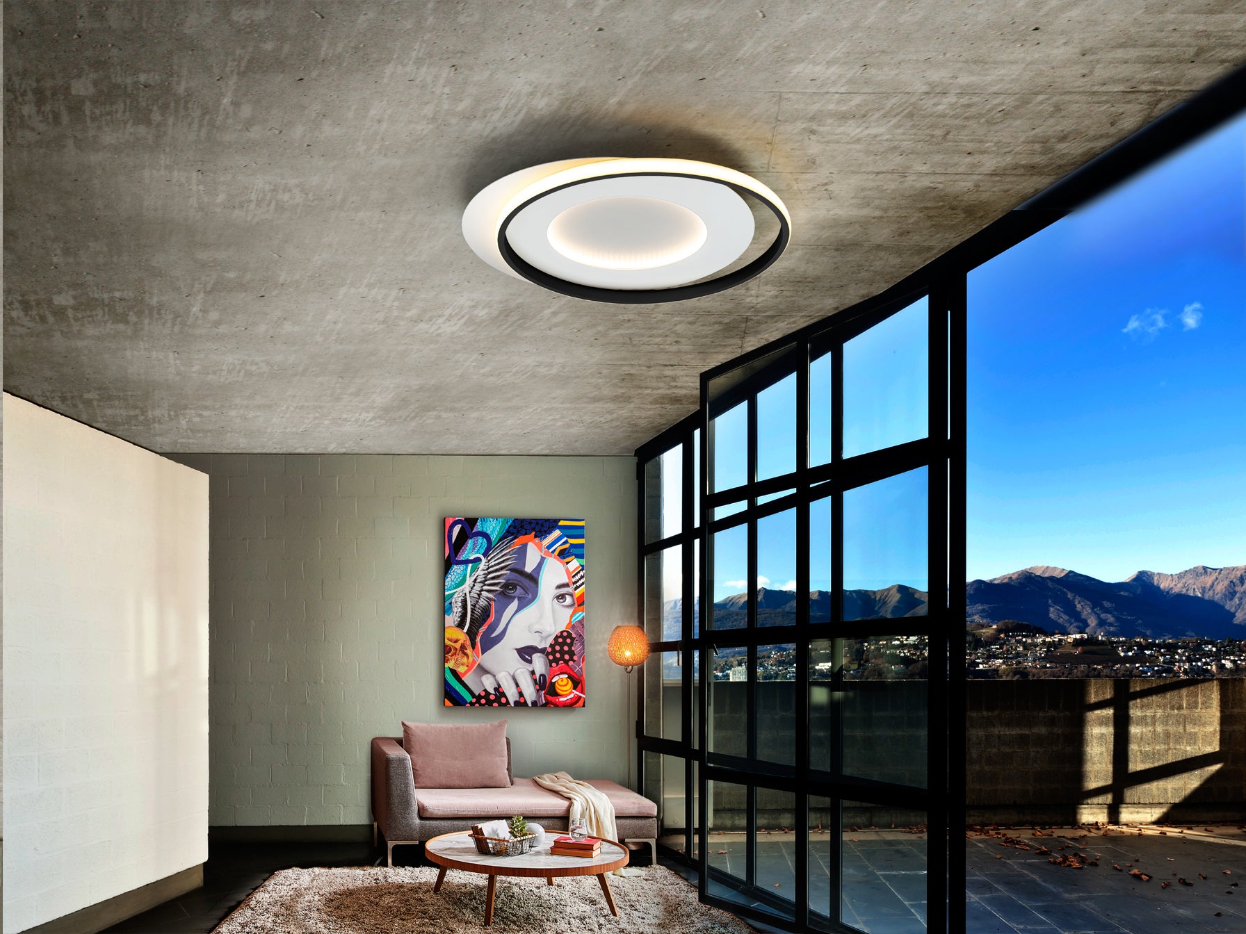 Plafón de techo LIMBOS en blanco y negro de Schuller, con LED integrado, diseño minimalista y moderno para salón.