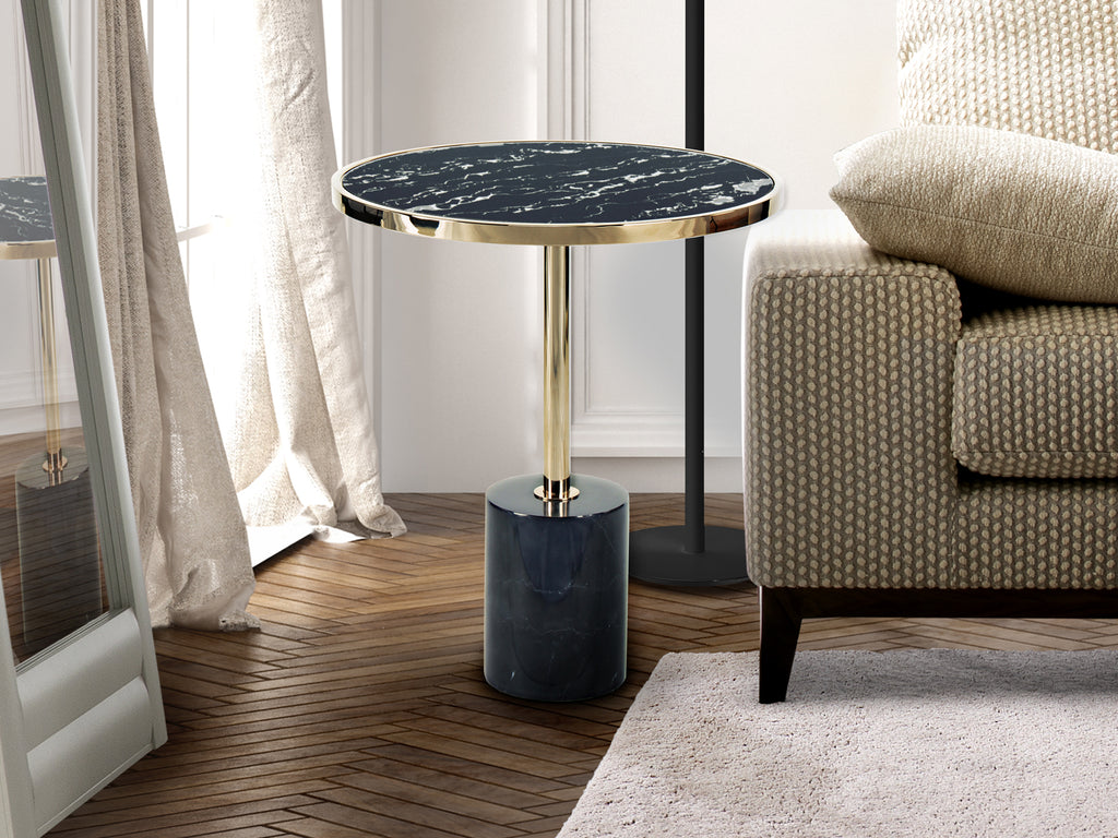 Mesa auxiliar Dekala negro y dorado de Schuller, diseño Art Déco y moderno con cristal templado y mármol, ideal para decoración de salón.