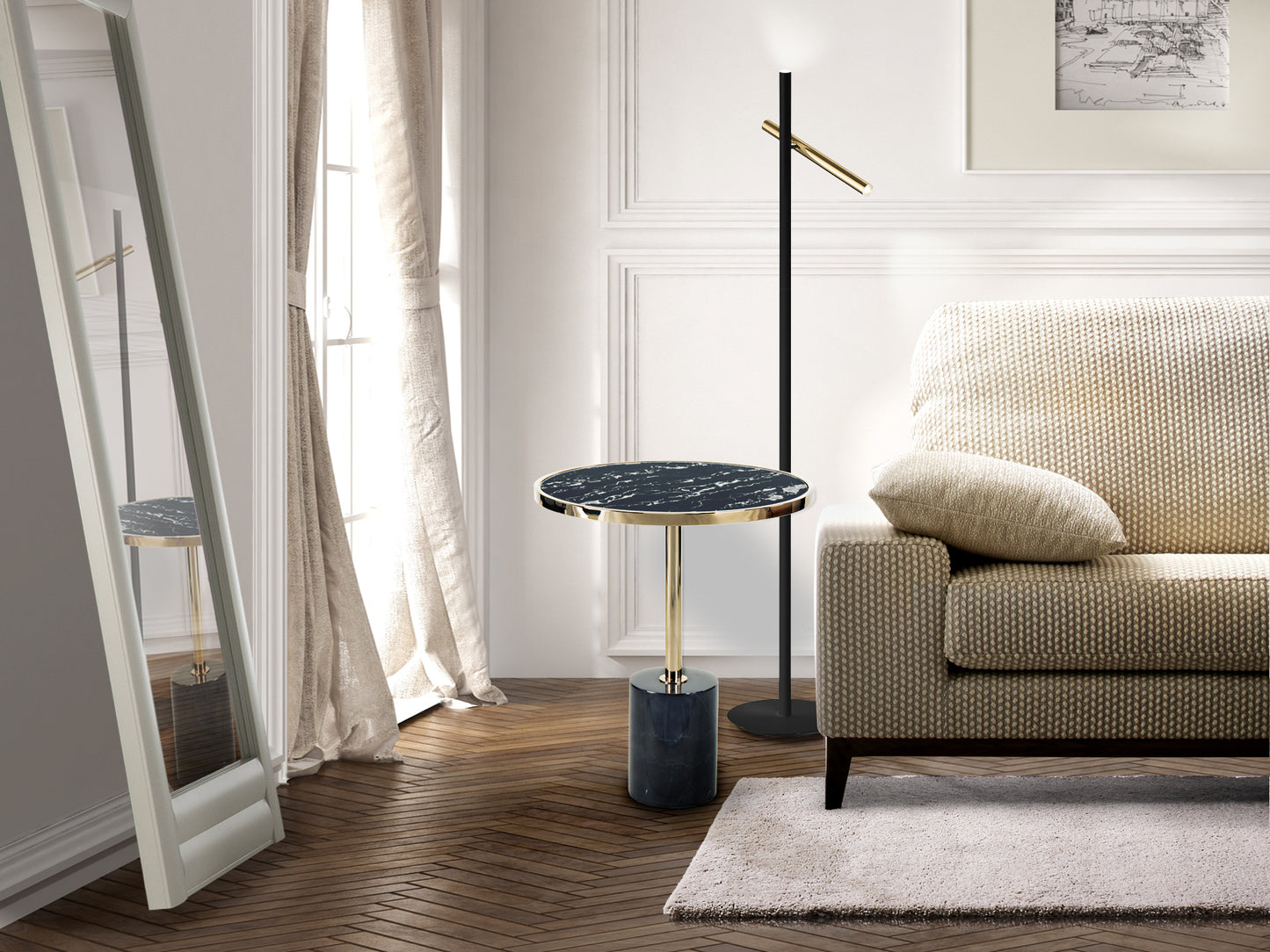 Mesa auxiliar Dekala negro y dorado Schuller, diseño Art Déco y moderno con cristal templado y mármol para salón glam.