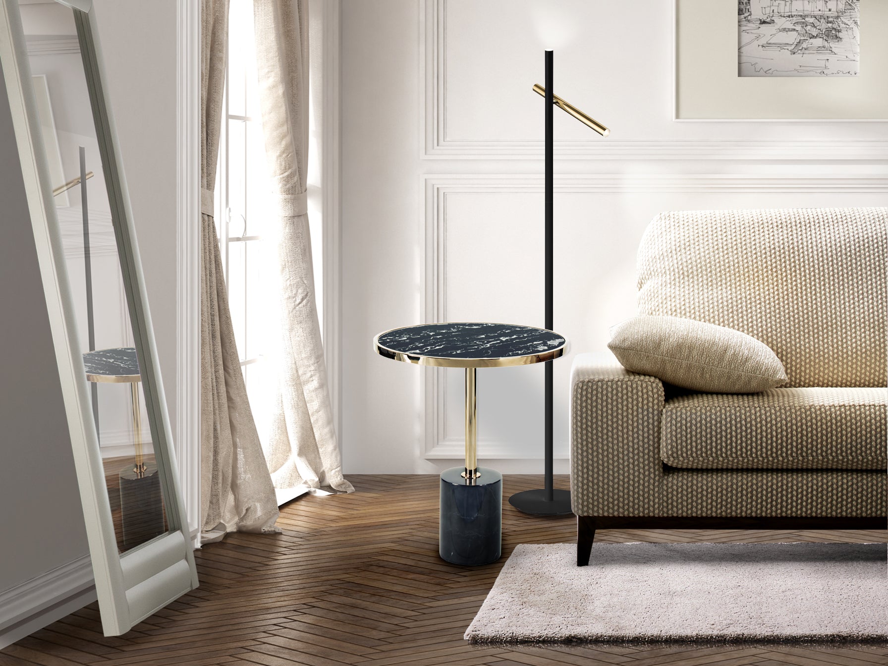 Mesa auxiliar Dekala negro y dorado Schuller, diseño Art Déco y moderno con cristal templado y mármol para salón glam.