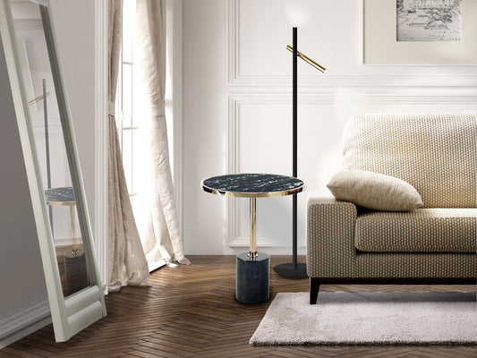 Mesa auxiliar Dekala negro y dorado Schuller, diseño Art Déco y moderno con cristal templado y mármol para salón glam.