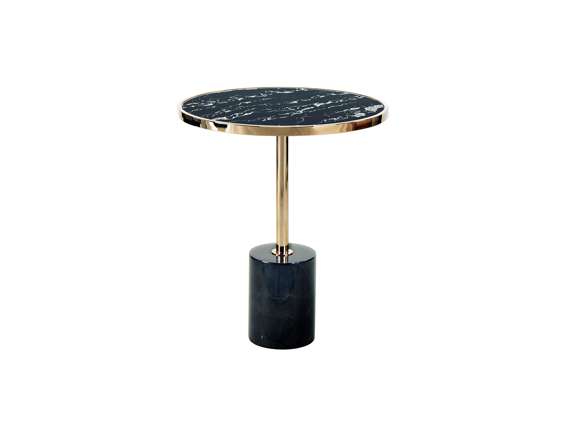Mesa auxiliar Dekala negro y dorado de Schuller, estilo Art Déco y moderno con mármol y cristal templado.