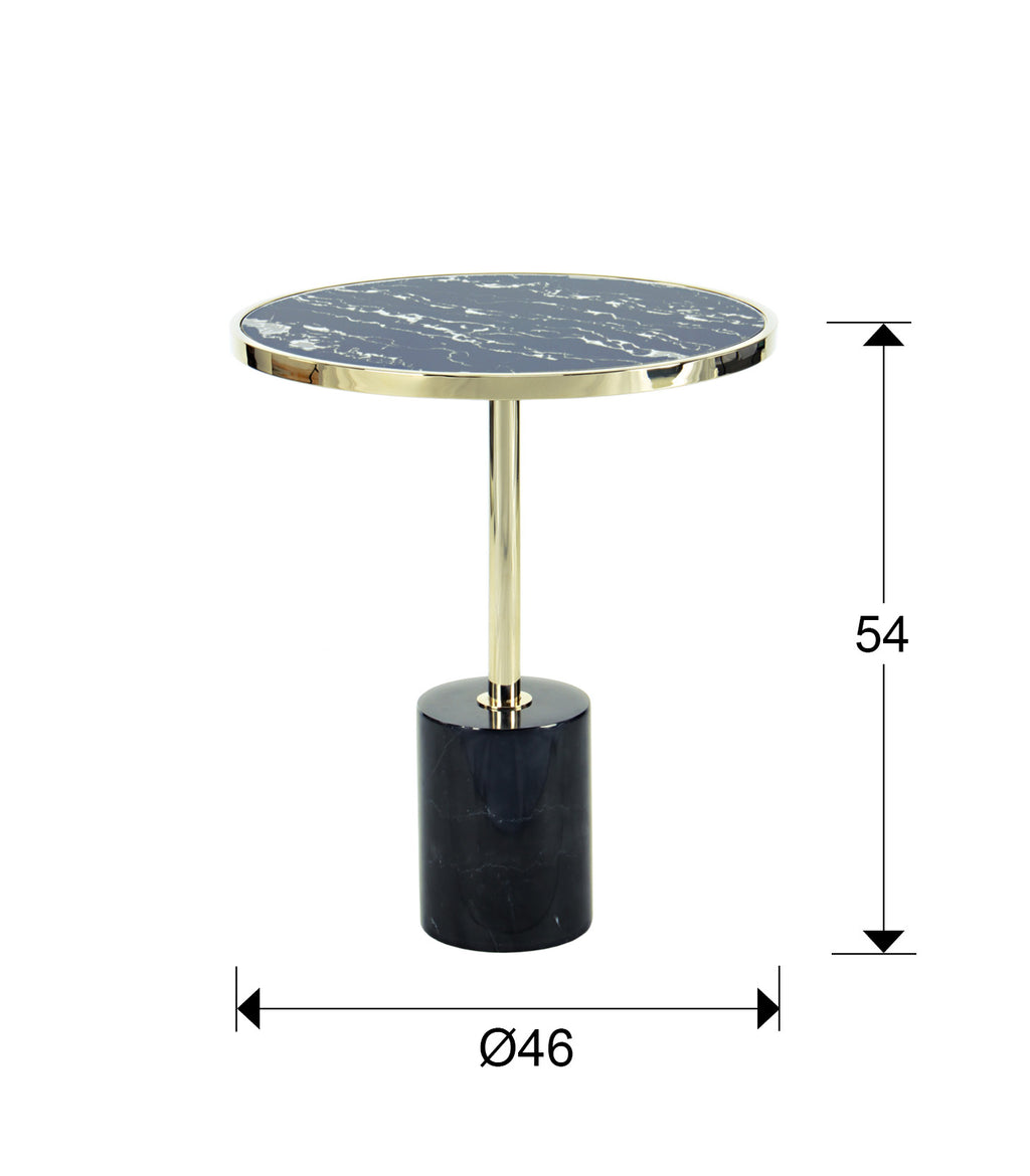 Medidas de Mesa auxiliar Dekala negro y dorado de Schuller, estilo Art Déco y moderno con mármol y cristal templado.