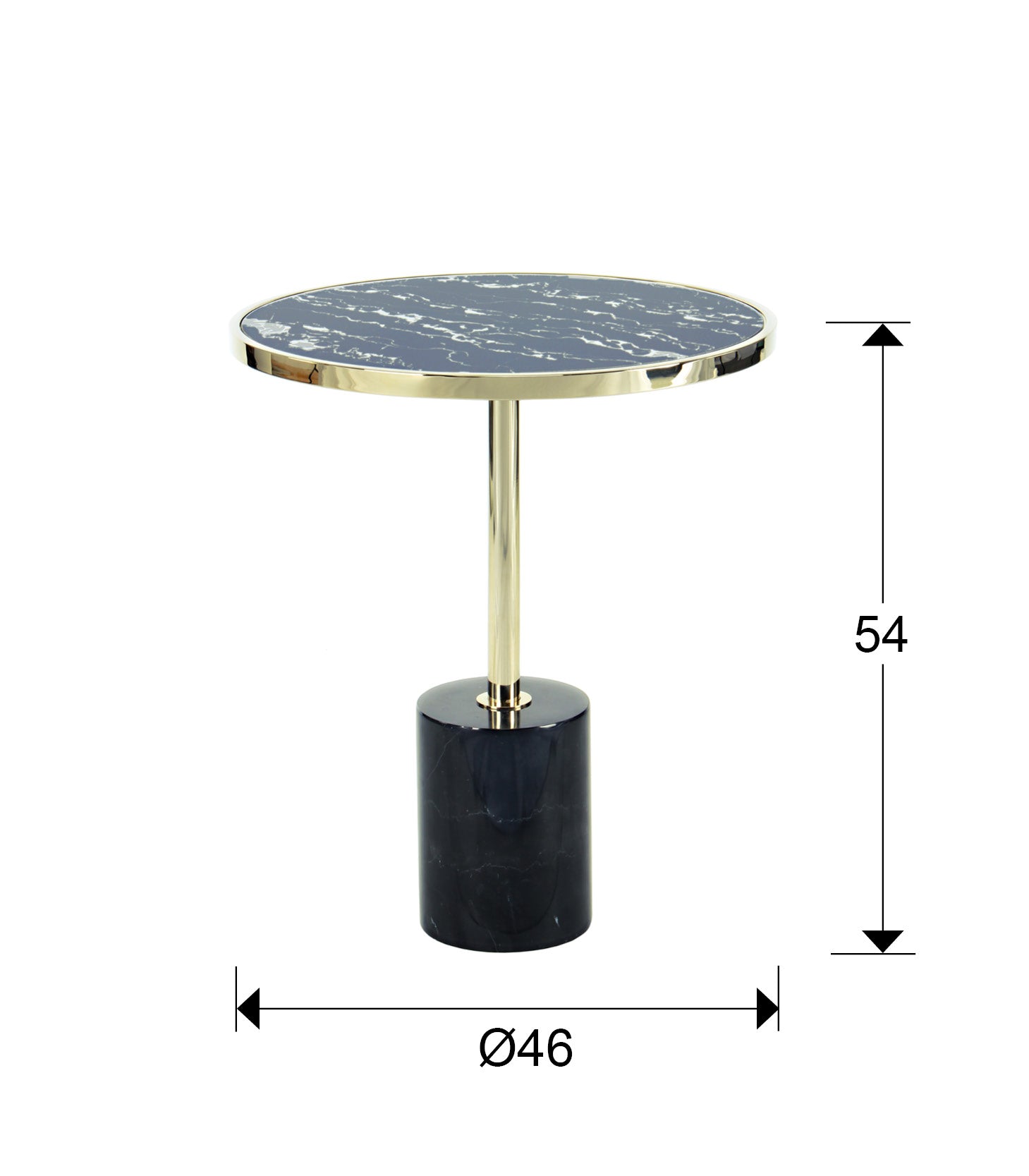 Medidas de Mesa auxiliar Dekala negro y dorado de Schuller, estilo Art Déco y moderno con mármol y cristal templado.