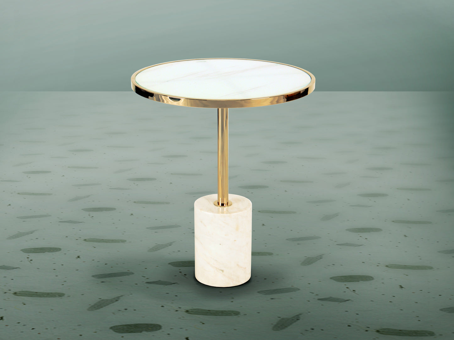 Mesa auxiliar Dekala blanco y oro, Ø46 cm, diseño moderno Art Déco, Schuller.
