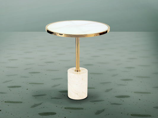 Mesa auxiliar Dekala blanco y oro, Ø46 cm, diseño moderno Art Déco, Schuller.