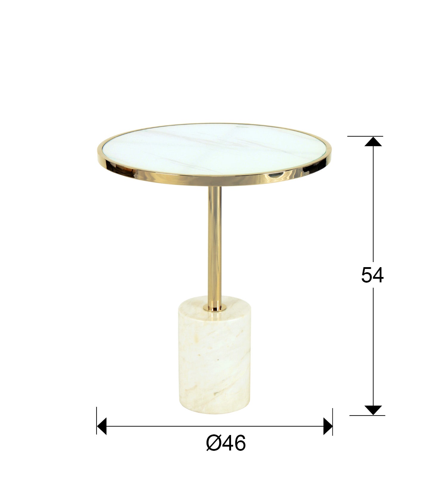 Medidas de Mesa auxiliar Dekala blanco y oro, diseño Art Déco, Ø46 cm, Schuller.