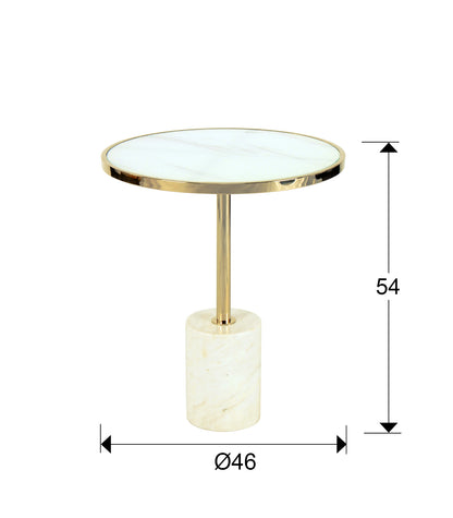 Medidas de Mesa auxiliar Dekala blanco y oro, diseño Art Déco, Ø46 cm, Schuller.