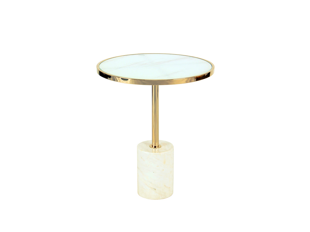 Mesa auxiliar Dekala blanco y oro Ø46 cm Schuller, diseño moderno Art Déco con cristal templado y mármol.