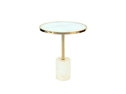 Mesa auxiliar Dekala blanco y oro Ø46 cm Schuller, diseño moderno Art Déco con cristal templado y mármol.