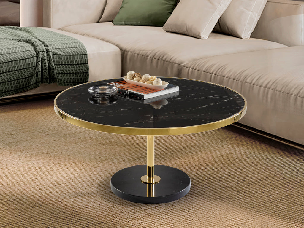 Mesa de centro Dekala negro y oro dorado Ø90 cm, diseño moderno de Schuller, con acero inoxidable, cristal templado y mármol.