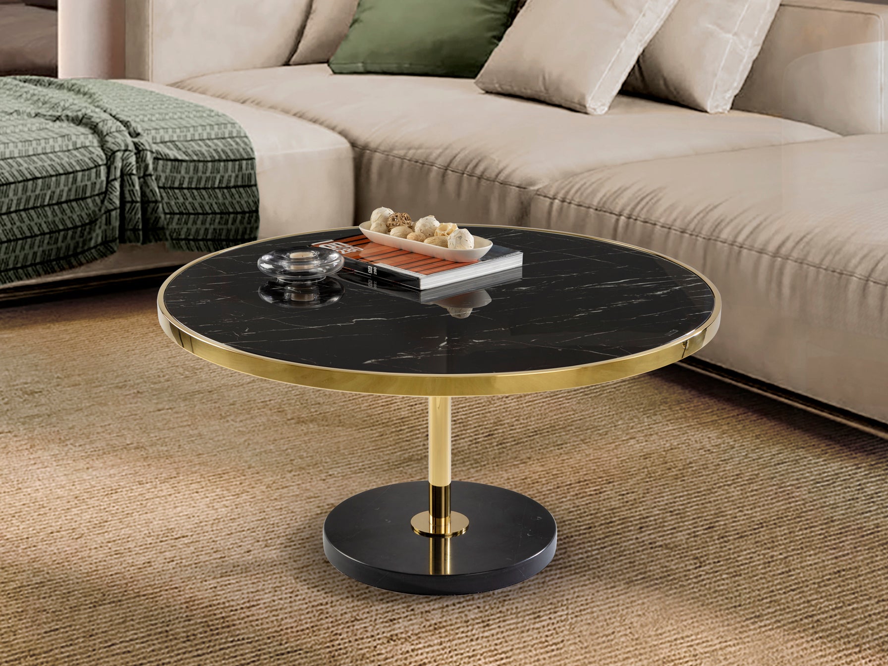 Mesa de centro Dekala negro y oro dorado Ø90 cm, diseño moderno de Schuller, con acero inoxidable, cristal templado y mármol.