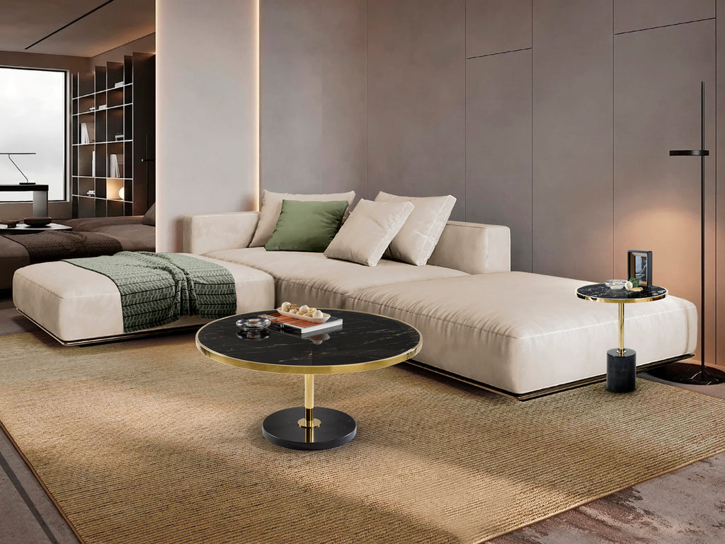 Mesa de Centro Dekala Negro y Oro Ø90 cm Dorado, Diseño Moderno en Acero Inoxidable y Mármol, por Schuller.