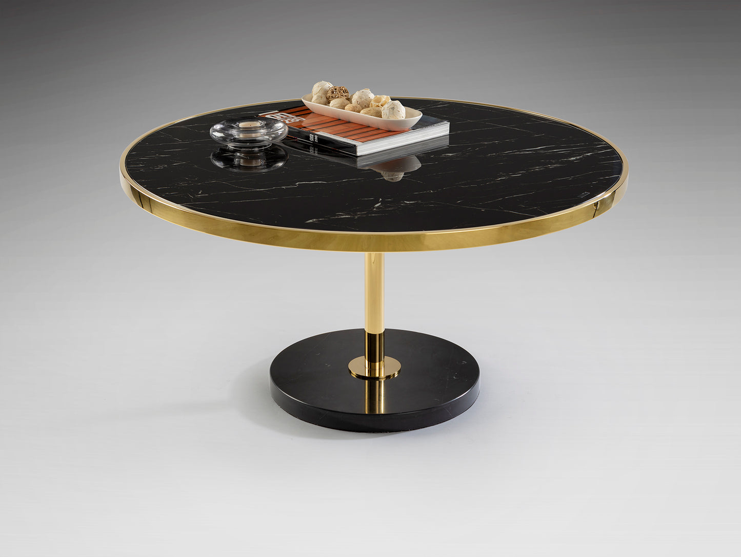 Mesa de Centro Dekala Negro-Oro Ø90 cm Dorado Schuller, diseño moderno con acero inoxidable, cristal templado y mármol.