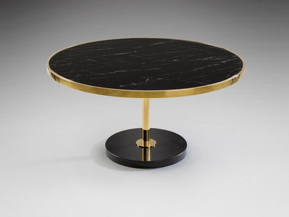 Mesa de centro Dekala negro y oro Ø90 cm de Schuller, diseño moderno con acero inoxidable, cristal templado y mármol.