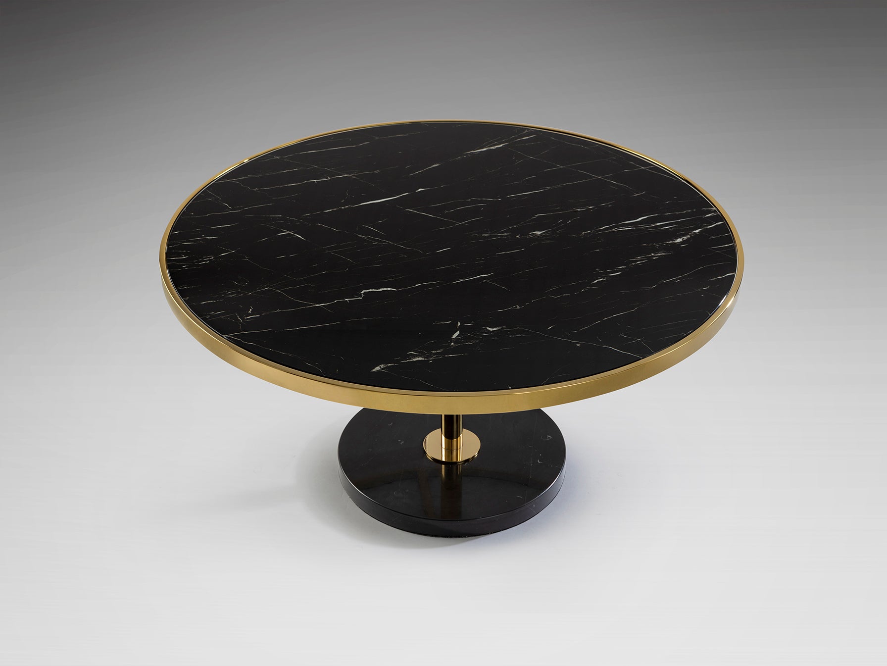 Mesa de Centro Dekala Negro y Oro Ø90 cm, Diseño Moderno en Acero Inoxidable, Cristal Templado y Mármol, de Schuller.