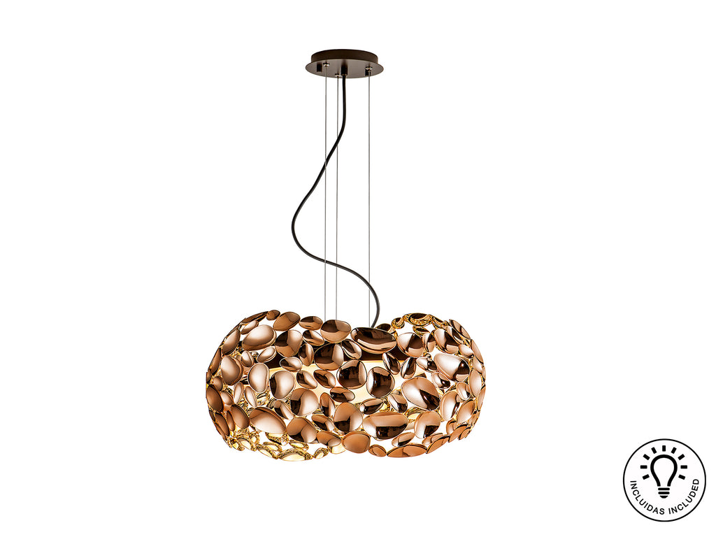 Lámpara de techo Narisa oro rosa y marrón Schuller, lámpara colgante moderna con acrílico y metal para comedor y salón.