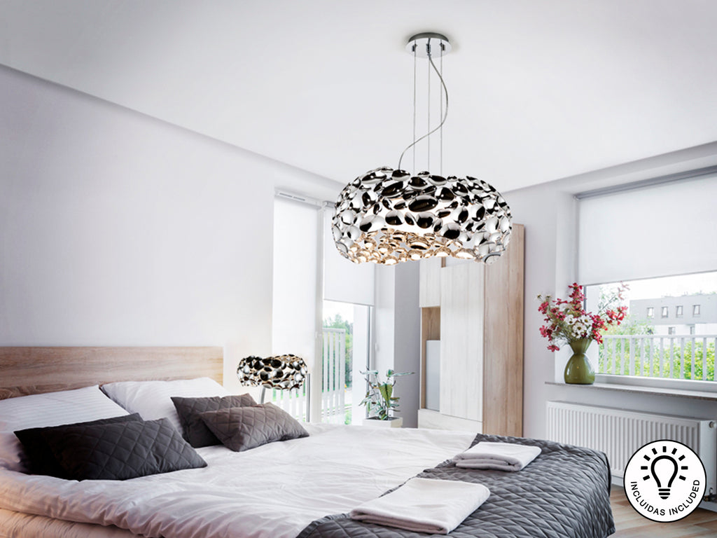 Lámpara colgante Narisa Ø47 cm cromado con 5 luces, de Schuller, en metal y acrílico, altura regulable, diseño moderno y contemporáneo para comedor o salón.