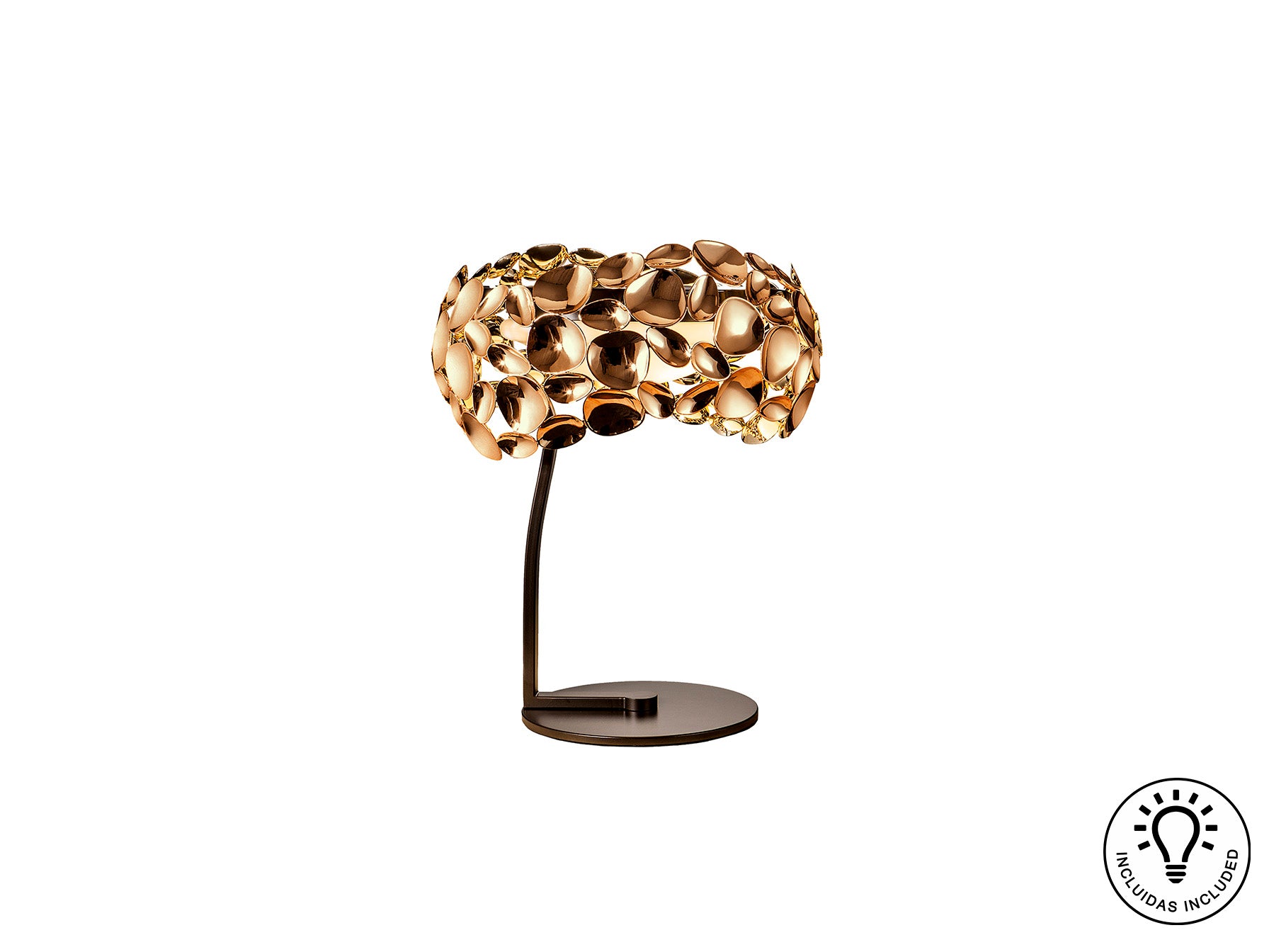 Lámpara de sobremesa Narisa Oro Rosa Schuller, diseño Art Decó y moderno en acrílico y metal para salón.