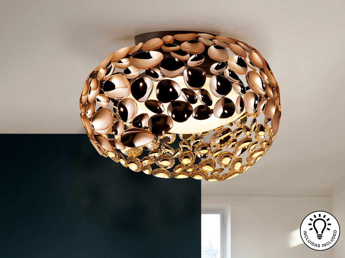 Plafón de techo Narisa Ø47 cm oro rosa Schuller, 5 luces G9, diseño moderno en acrílico y metal para baño y salón.