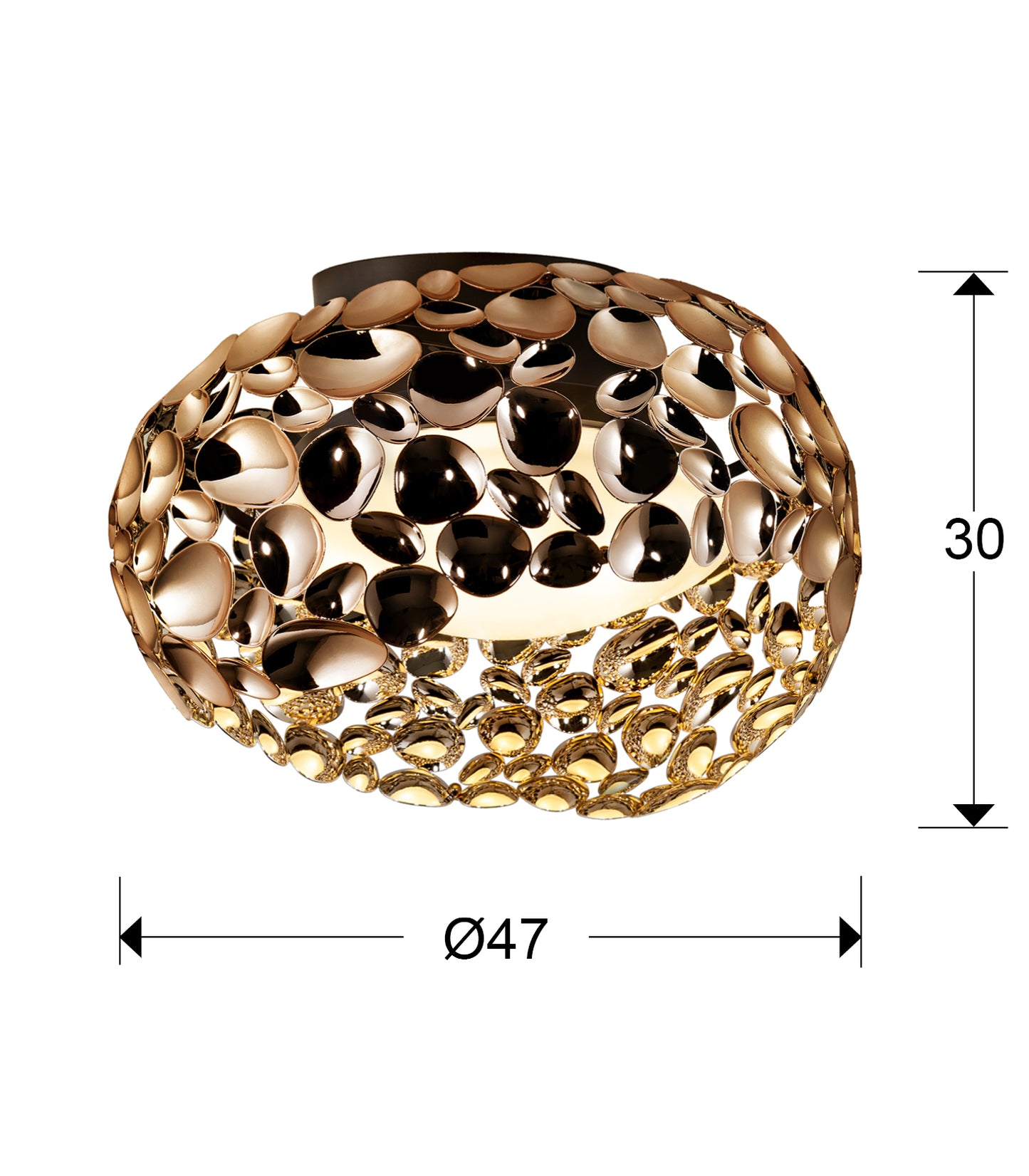 Medidas de Plafon de techo Narisa Ø47 cm en oro rosa con 5 luces G9, diseño moderno de Schuller.